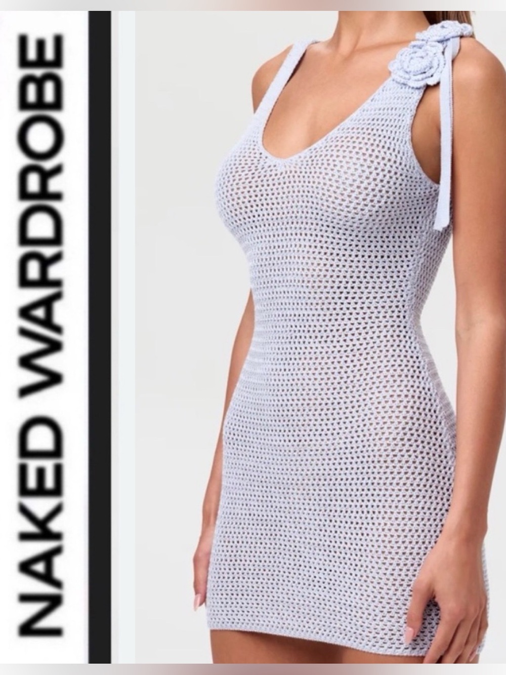 Naked Wardrobe 🩵 baby blue Crochet Floral Mini Dress